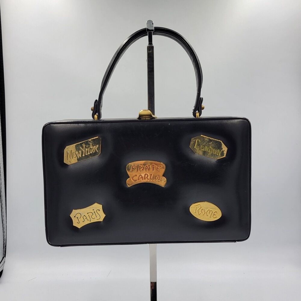 RARE VINTAGE CUTE BLACK PRESTIGE DESTINATION TRAVEL CITY DOCTOR CLUTCH BAG PURSE